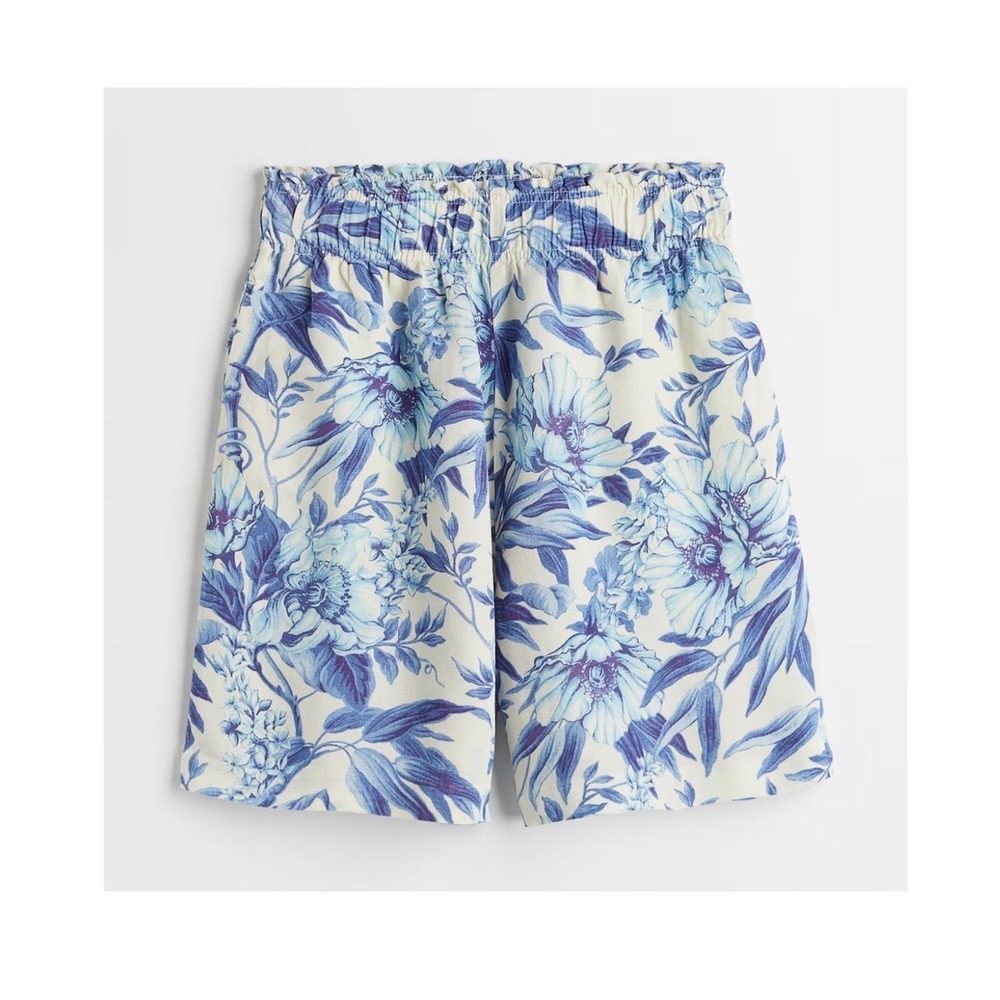 H&M Womens LINEN-BLEND PULL-ON SHORTS White, Blue Floral High waist Loose fit S